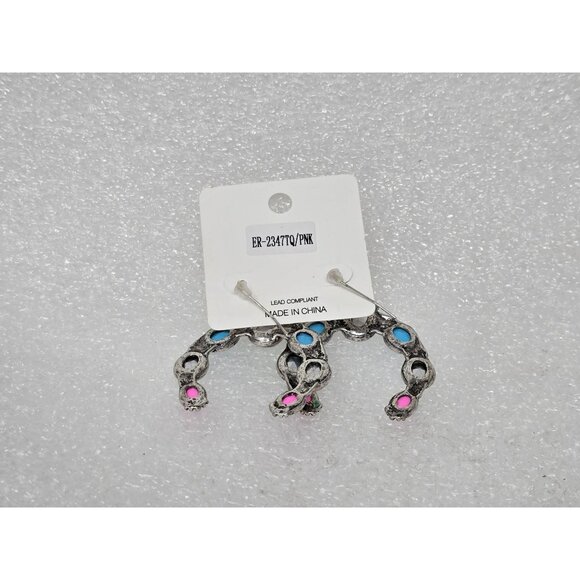 Opalescent Blue & Pink Crystal Horseshoe Western Earrings - Picture 2 of 2
